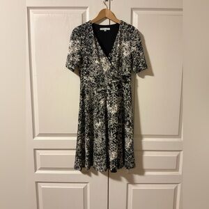Cleo Petites Black & White Patterned Faux-Wrap Dress, XS